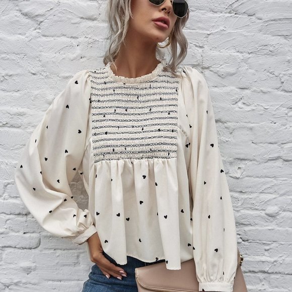 Beige Casual Womens Heart Print Shirred Peplum Blouse - Picture 5 of 5